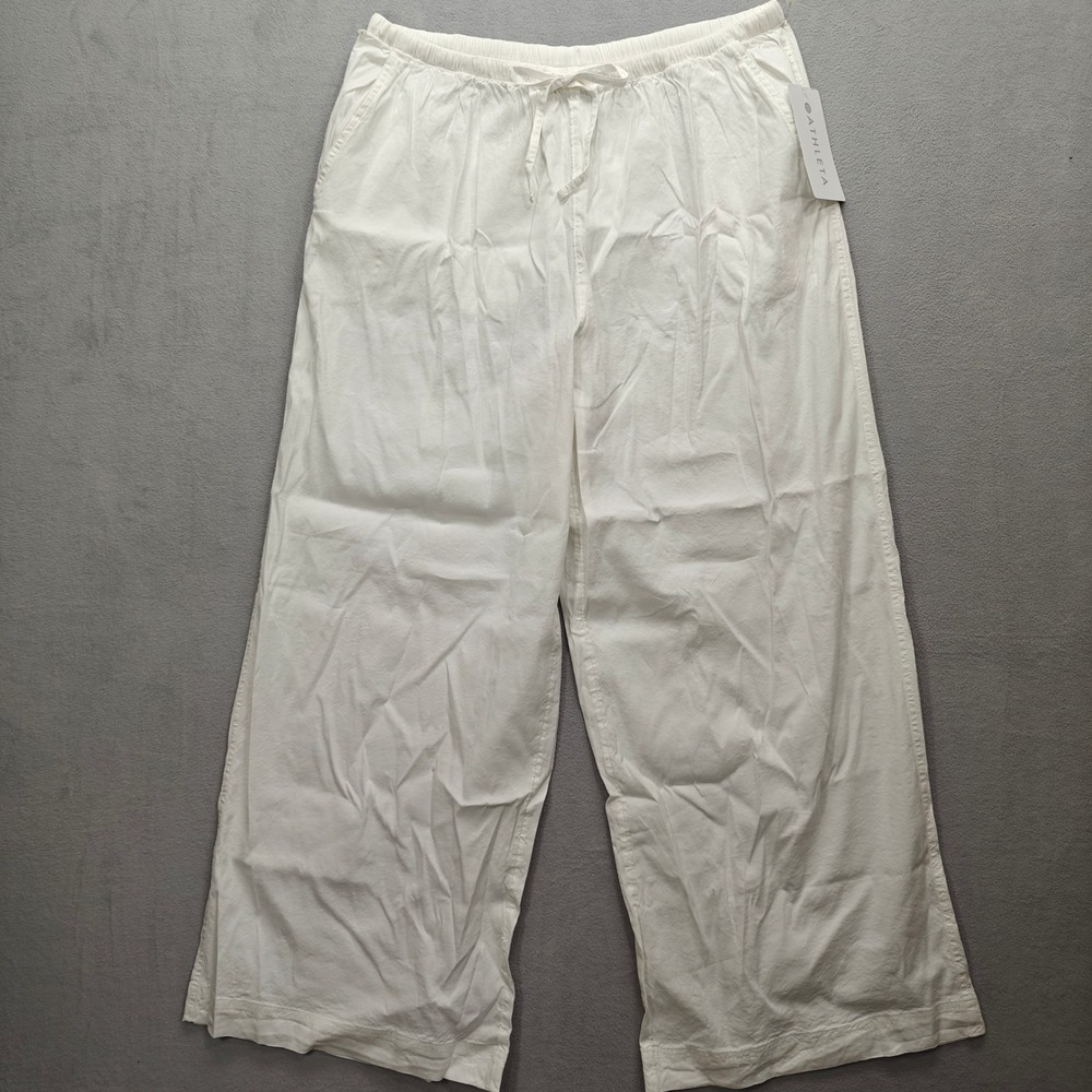 Athleta White Linen Blend Wide Leg Pants Womens L Coastal Resort Minimalist Boat